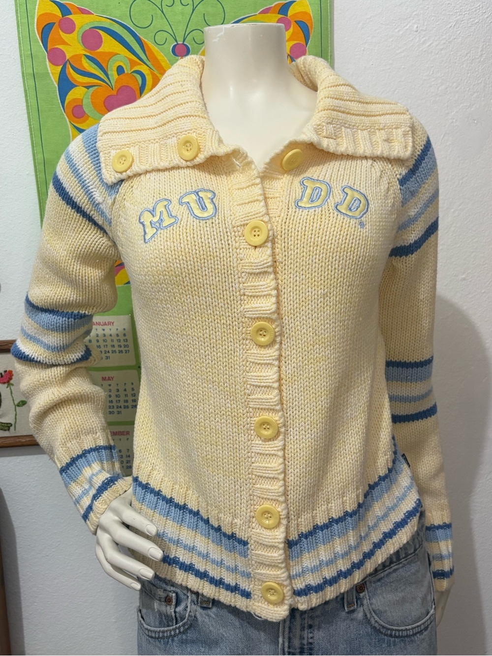 Mudd Embroidered Yellow Sweater Button Down Cardigan with Light Blue Stripes